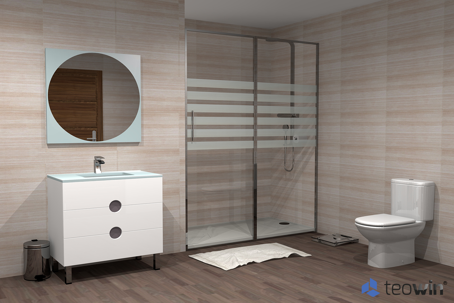 Render de cuarto de baño moderno en madera y con plato de ducha antideslizante Render de cuarto de baño moderno en madera y con plato de ducha antideslizante