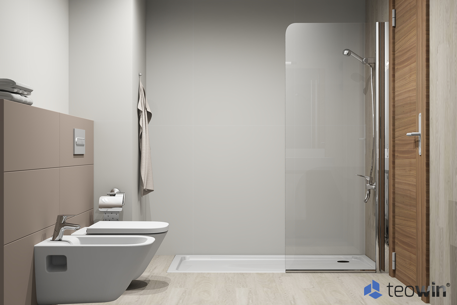 Render cuarto de baño minimalista con plato de ducha antideslizante hecho con Teowin Render cuarto de baño minimalista con plato de ducha antideslizante hecho con Teowin