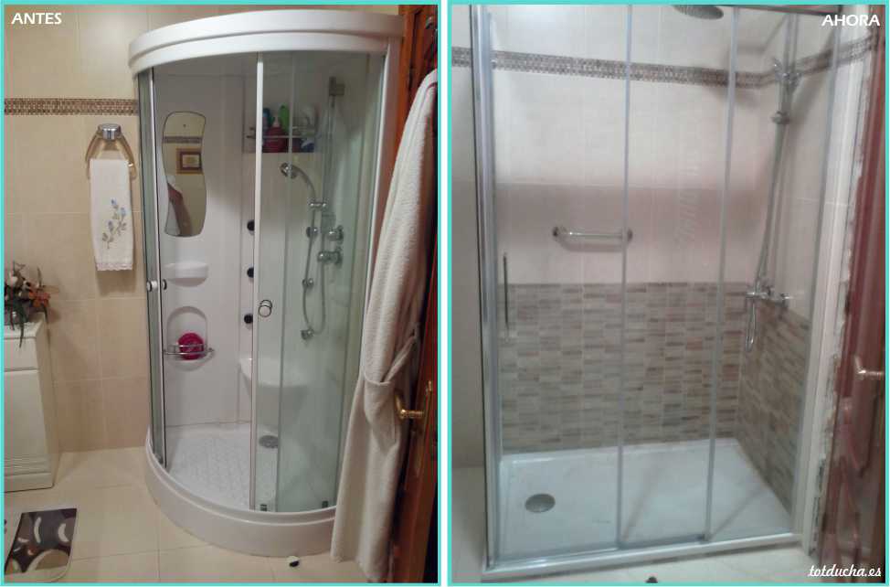 Antes y después de la reforma de una ducha de hidromasaje por un plato de ducha con mampara