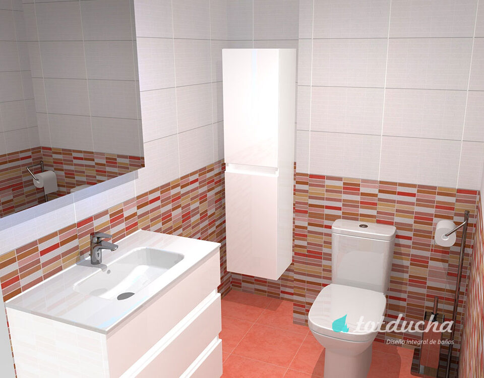 Reforma integral de baño con colores naranjas y rojos
