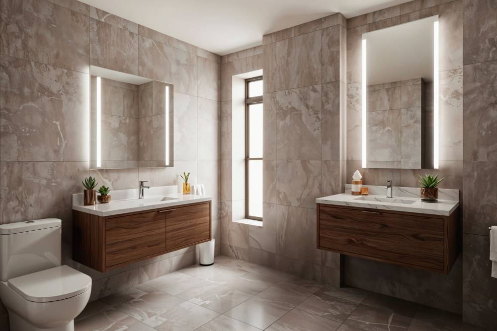 5 Ideas para decorar el baño con estilo 1 Baño de diseño moderno con azulejos de piedra natural y muebles suspendidos