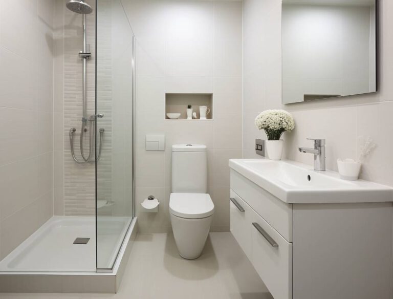 diseño moderno en color blanco con plato de ducha, mampara de cristal transparente y mueble de lavabo suspendido