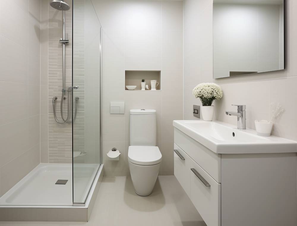 diseño moderno en color blanco con plato de ducha, mampara de cristal transparente y mueble de lavabo suspendido